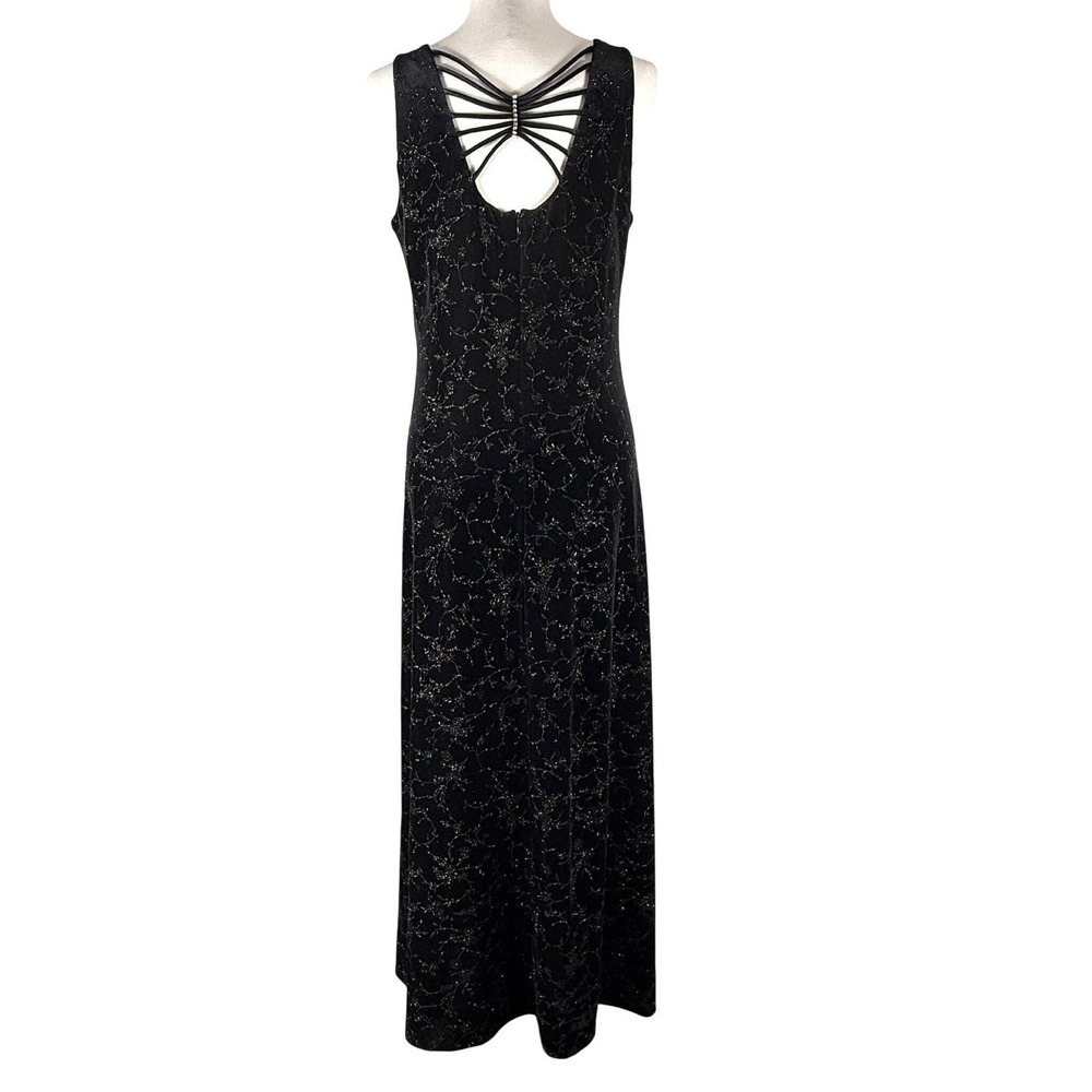 Vintage Black Velvet Silver Embellished Strappy Back Maxi Dress Gown Size 14 NWT